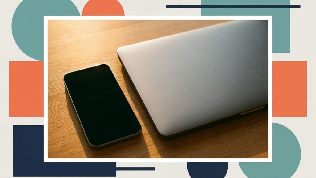 Smartphone neben einem Laptop auf einem Schreibtisch